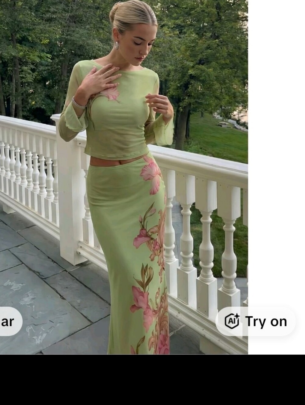 Cider Mesh Floral 2-Piece Set in Pale Green & Pink